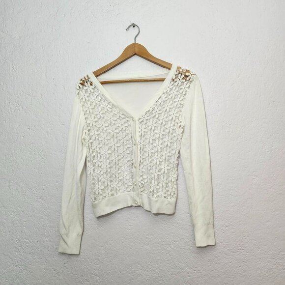 Unbranded Sweaters - white wool floral lace crochet cardigan sweater crochet cardigan